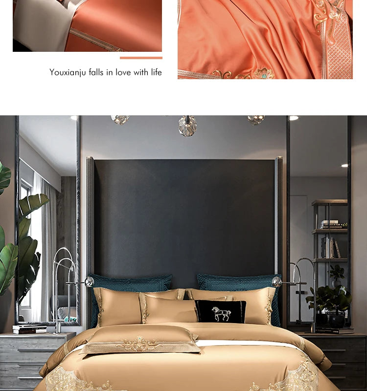 Premium High End Grey 1000TC Egyptian Cotton Soft Bedding set Chic Embroidery Queen King 4/6Pcs Duvet Cover Bed Sheet Pillowcase