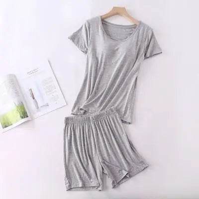 Modal cotton pyjama femme new pijamas women chest pad short sleeve pajamas set large size bra-cup loose shorts sleepwear set - AIAZ