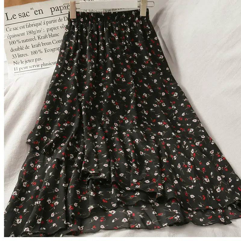 Skirts Women High Waist All-match Fashion Elegant Female Chiffon Flower Lovely Irregular Hem Ruffles Chic Streetwear Leisure - AIAZ