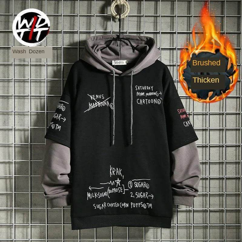 Spring /Autumn Men's Sweater Retro Mock Two-Piece Hooded Korean Hip Hop Print Sweatshirt Loose Hoodie Male Fleece Padded Jacket - AIAZ