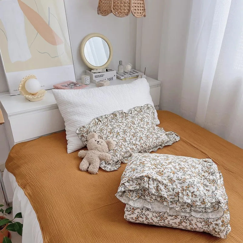 Korean Vintage Floral Printed Ruffled Cotton Baby Duvet Cover Kids Children Infant Cot Crib Duvet Covers Quilt Cover Bedding