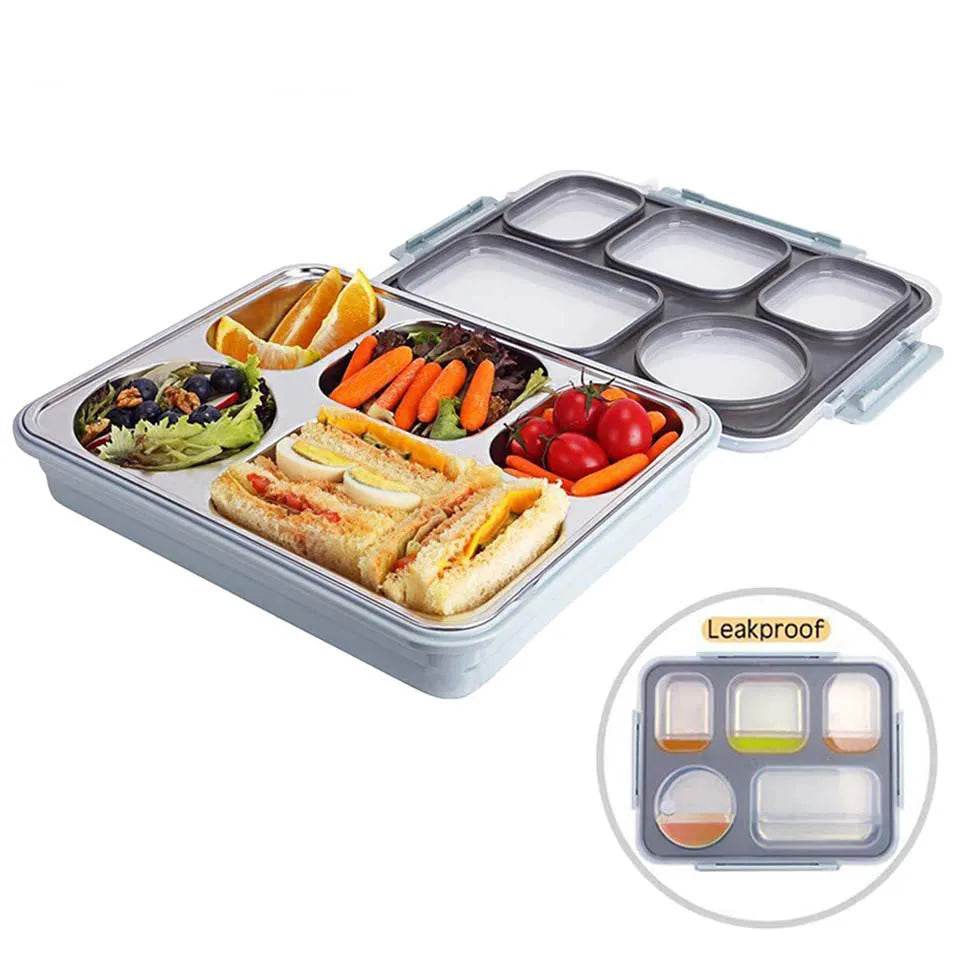 BOZZH Stainless Steel Lunch Box Bento Box For Kids 5 Microwave Plastic Food Container With Compartment Leak-Proof Food Box - AIAZ