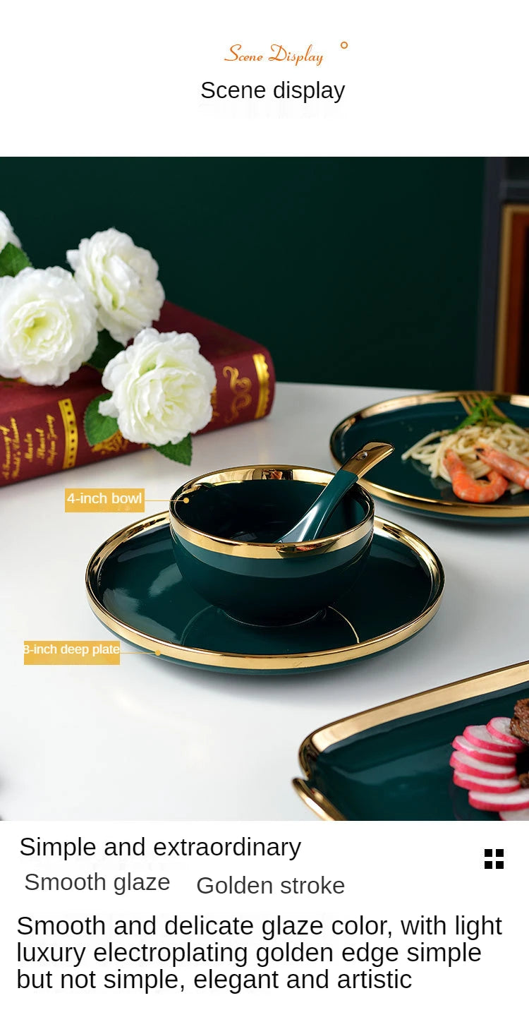 18 pcs Ceramic Tableware Set Nordic Green Phnom Penh Salad Plate Soup Rice Bowl Set Household Kitchen Supplies Dinnerware