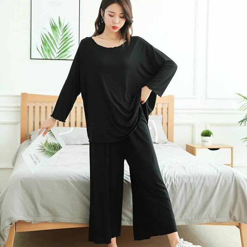 PLUS size home suits women autumn new loose long-sleeved pajamas two-piece set nine-point wide leg pants pijama sleepwear femme - AIAZ