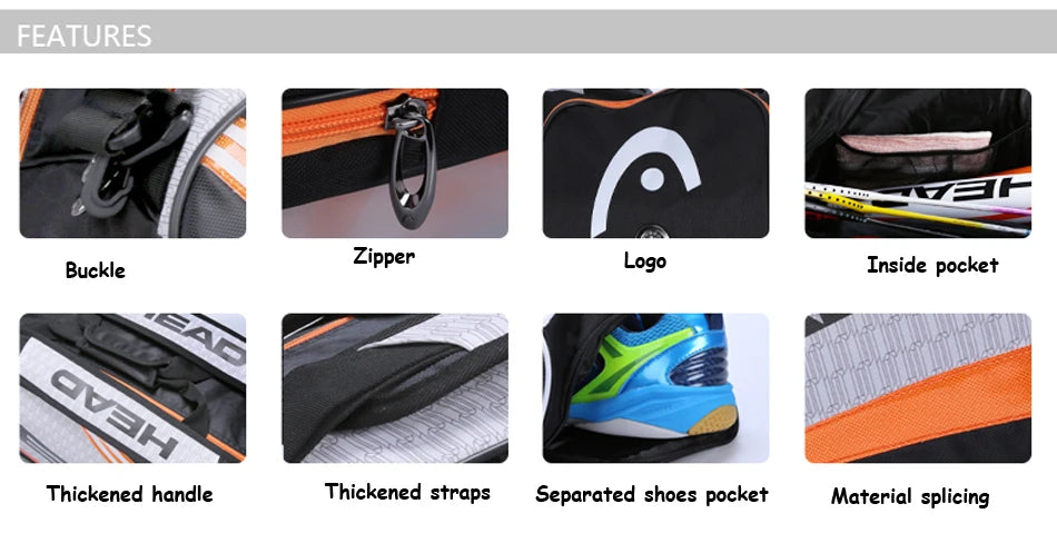 HEAD Tennis Rackets Bag Large Capacity 3-6 Pieces Tennis Backpack Badminton Gymbag Squash Racquet Bag With Separated Shoes Bag