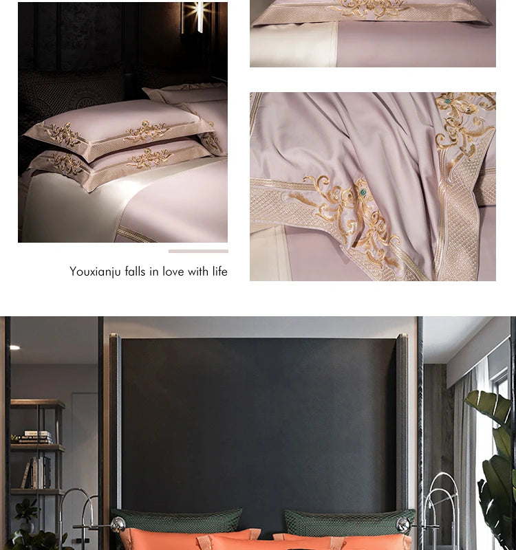 Premium High End Grey 1000TC Egyptian Cotton Soft Bedding set Chic Embroidery Queen King 4/6Pcs Duvet Cover Bed Sheet Pillowcase