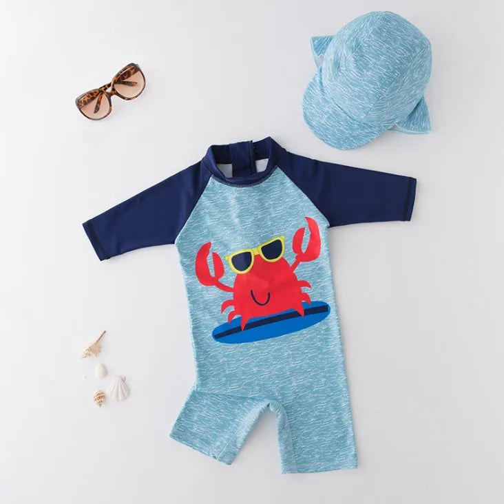Baby Boy Swimsuit/Kids Conjoined Swimwear with Swimming Cap/Crab Pattern Beach Sunscreen Surfing Swimsuit 3207