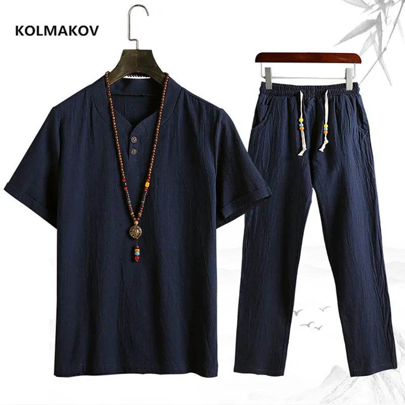 (Shirt + trousers) summer fashion men shirt Man Cotton and linen shirts Short sleeve men's casual shirts men full size M-5XL - AIAZ