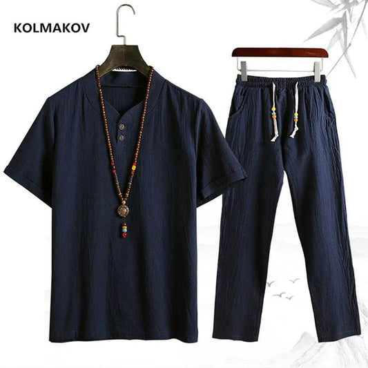 (Shirt + trousers) summer fashion men shirt Man Cotton and linen shirts Short sleeve men's casual shirts men full size M-5XL - AIAZ