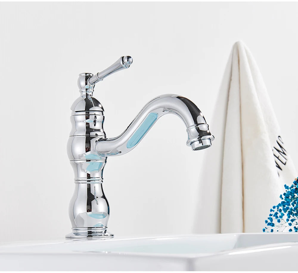 POIQIHY Antique Brass Basin Vessel Sink Faucet Deck Mounted One Hole Cold Hot Water Cold Hot Mixer Tap Bathroom Faucet  1 Hole