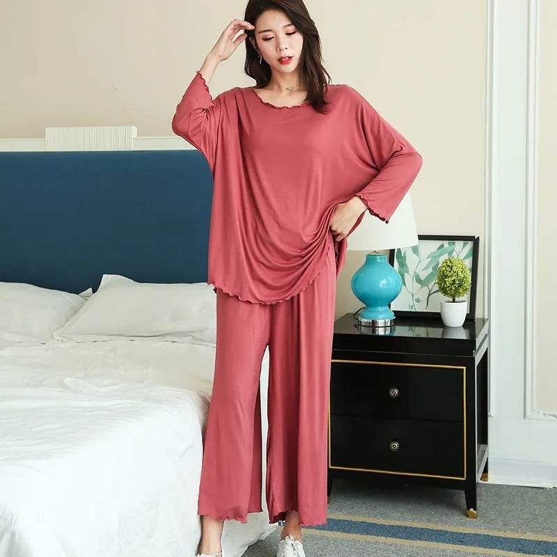 PLUS size home suits women autumn new loose long-sleeved pajamas two-piece set nine-point wide leg pants pijama sleepwear femme - AIAZ