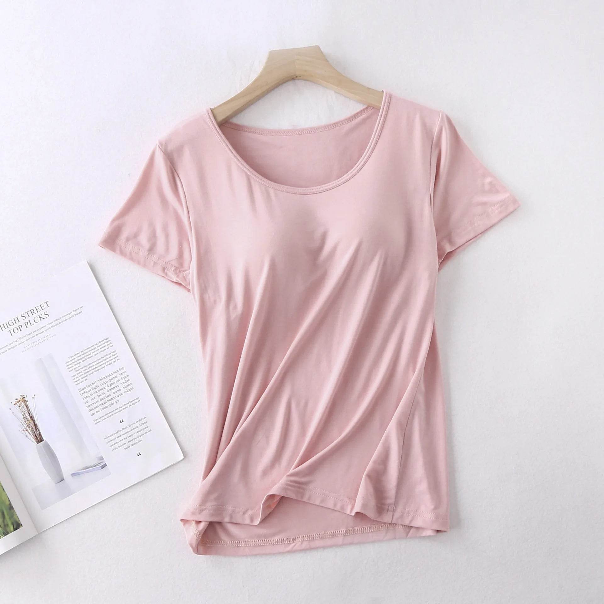 Modal cotton pyjama femme new pijamas women chest pad short sleeve pajamas set large size bra-cup loose shorts sleepwear set - AIAZ