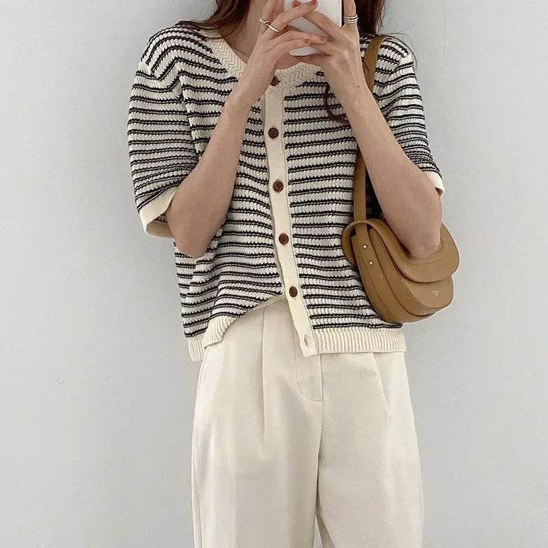 Cardigan Women Summer Breathable Elegant Striped Trendy New Single Breasted Short Sleeve Knitted Jumpers Female O-neck Tender BF - AIAZ