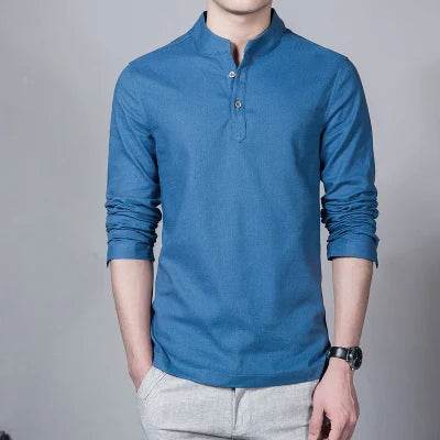 Men's Clothing Men Spring Tops & Tees Male Fashion T-Shirts Stand Collar Long-sleeved Slim Base Shirt Homme Linen t-shirt - AIAZ