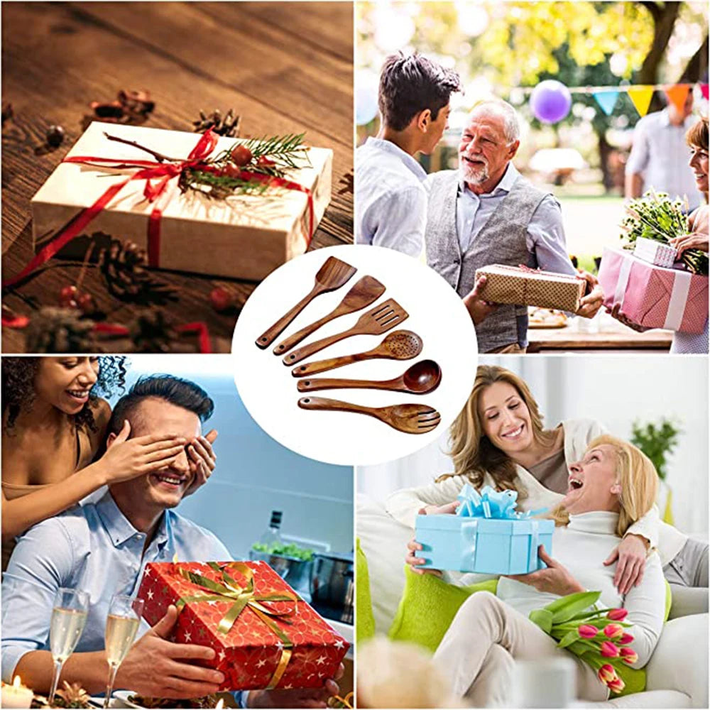 Thailand Teak Natural Wood Tableware Spoon Ladle Turner Long Rice Colander Soup Skimmer Cooking Spoons Scoop Kitchen Tool Set