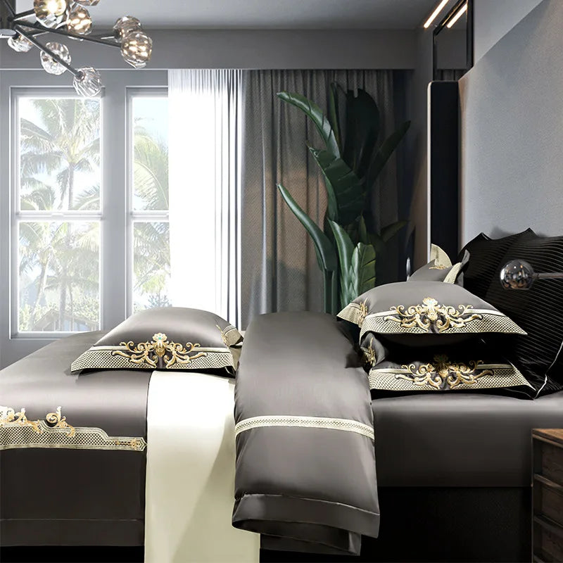 Premium High End Grey 1000TC Egyptian Cotton Soft Bedding set Chic Embroidery Queen King 4/6Pcs Duvet Cover Bed Sheet Pillowcase