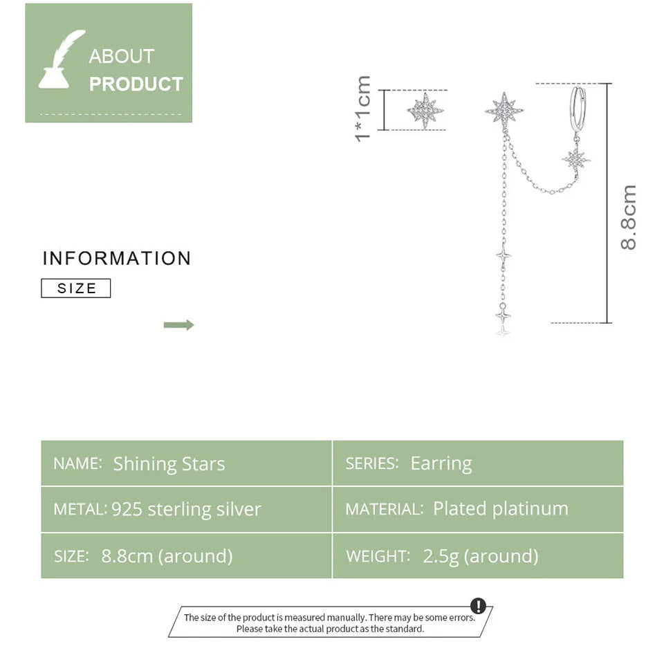 Bamoer Authentic 925 Sterling Silver Asymmetric Star Drop Earrings Clear CZ Stud Earring for Women Birthday Gift Jewelry BSE433