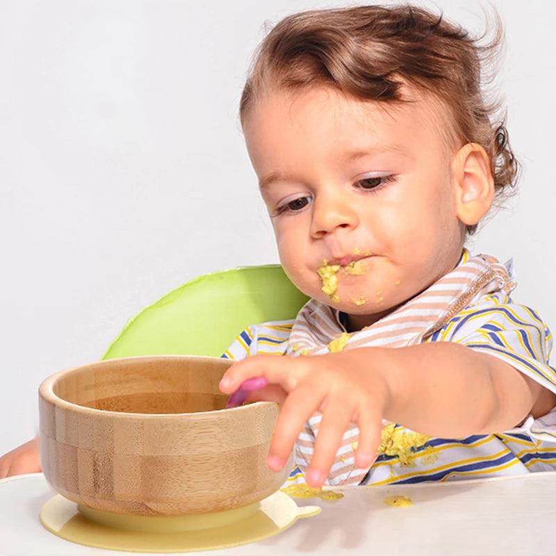Baby Feeding Bowl Food Tableware Kids Wooden Training Plate Silicone Suction Cup Removable Wooden Fork Spoon Children's Dishes
