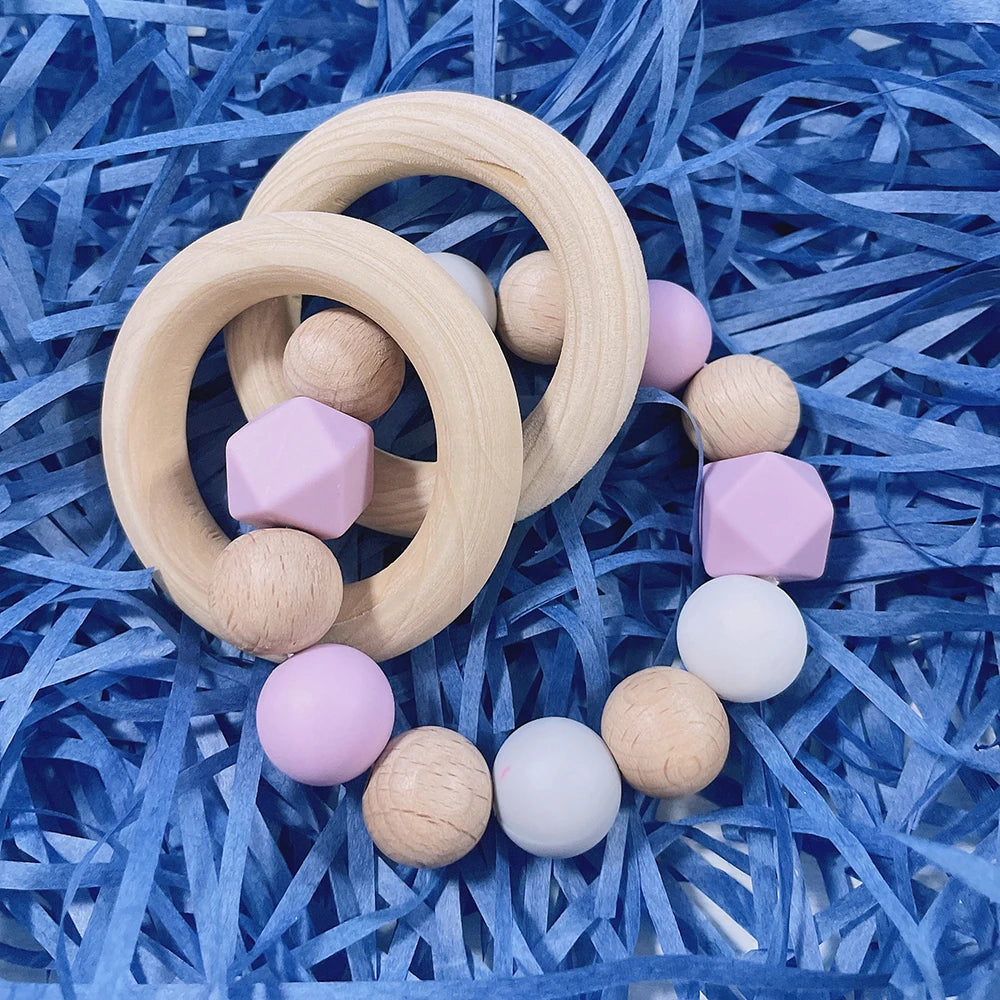 Baby Teether Bracelet Crochet Wood Crafts Engraved Bead Food Grade Silicone Beads Wood Animal Pendant Teething Toys For Rattle