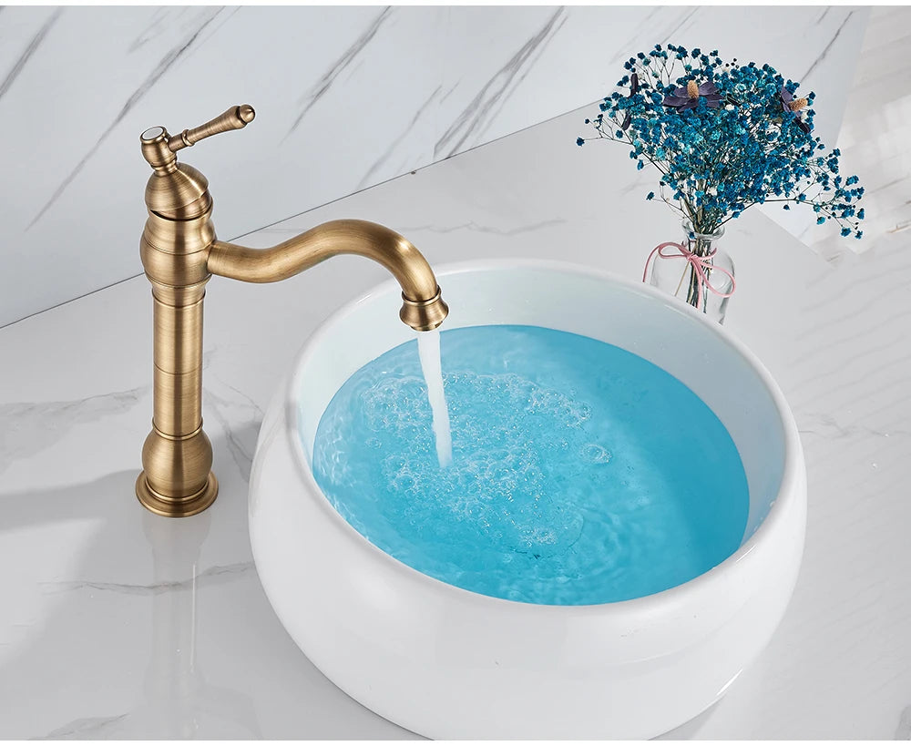 POIQIHY Antique Brass Basin Vessel Sink Faucet Deck Mounted One Hole Cold Hot Water Cold Hot Mixer Tap Bathroom Faucet  1 Hole