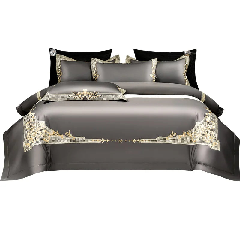 Premium High End Grey 1000TC Egyptian Cotton Soft Bedding set Chic Embroidery Queen King 4/6Pcs Duvet Cover Bed Sheet Pillowcase