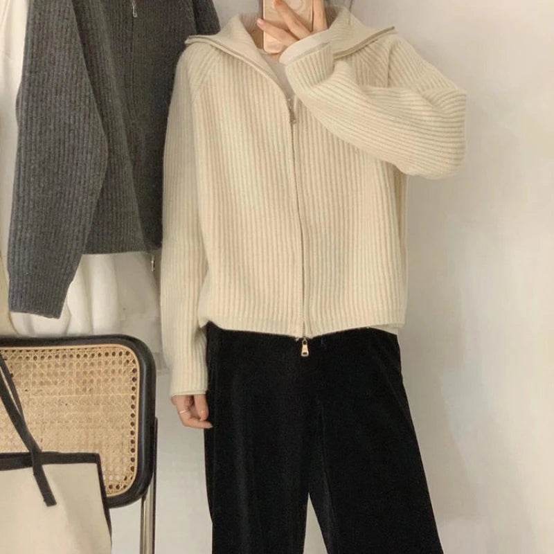 Sweater Cardigan Women Spring New Solid Vintage All-match Elegant Zipper Loose Daily Soft Sweet Simple Casual Knitwear Chic Teen - AIAZ