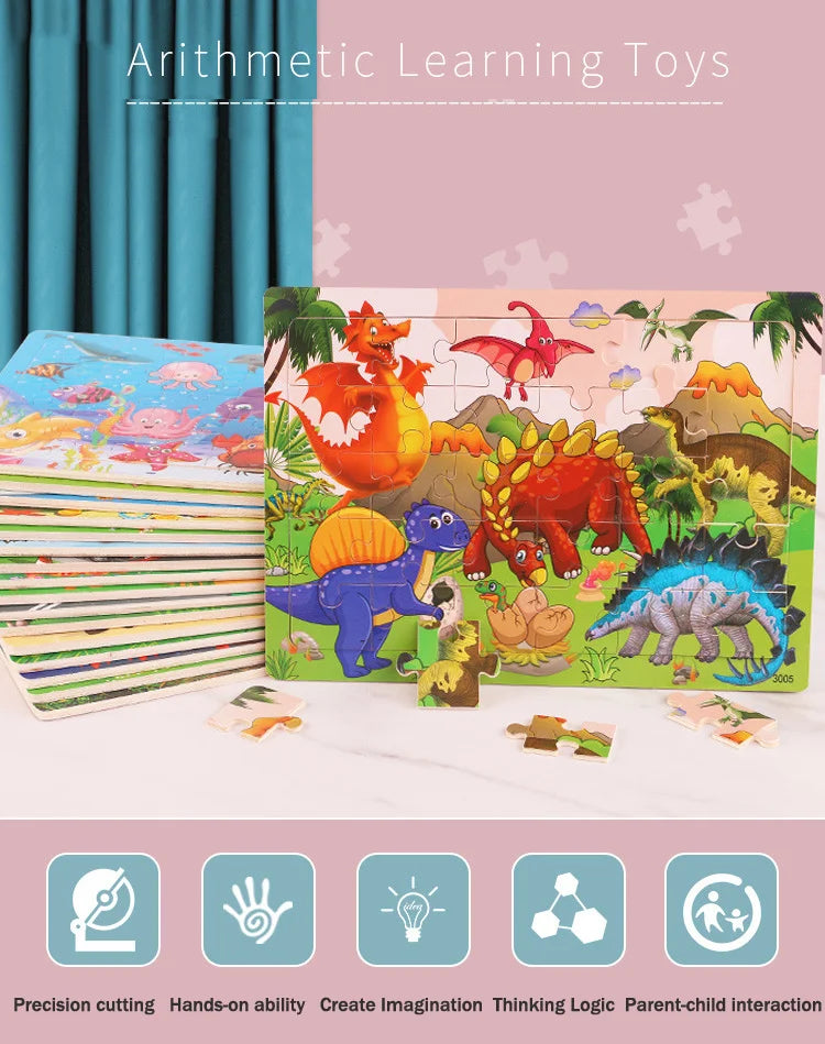 30Pieces Montessori Baby Toys Wooden 3d Puzzle Cartoon Animal Vehicle Cognition Wood Puzzle Learning Educational Toys for Kids