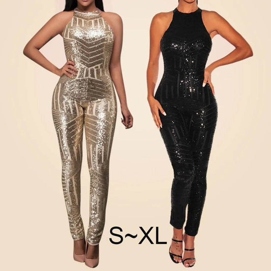 Sequin Off Shoulder Women Jumpsuit O-neck Sleeveless Casual Jumpsuits Rompers Sexy Clubwear Party Playsuits Combinaison Femme - AIAZ
