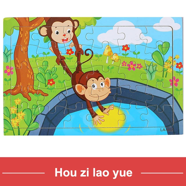 30Pieces Montessori Baby Toys Wooden 3d Puzzle Cartoon Animal Vehicle Cognition Wood Puzzle Learning Educational Toys for Kids