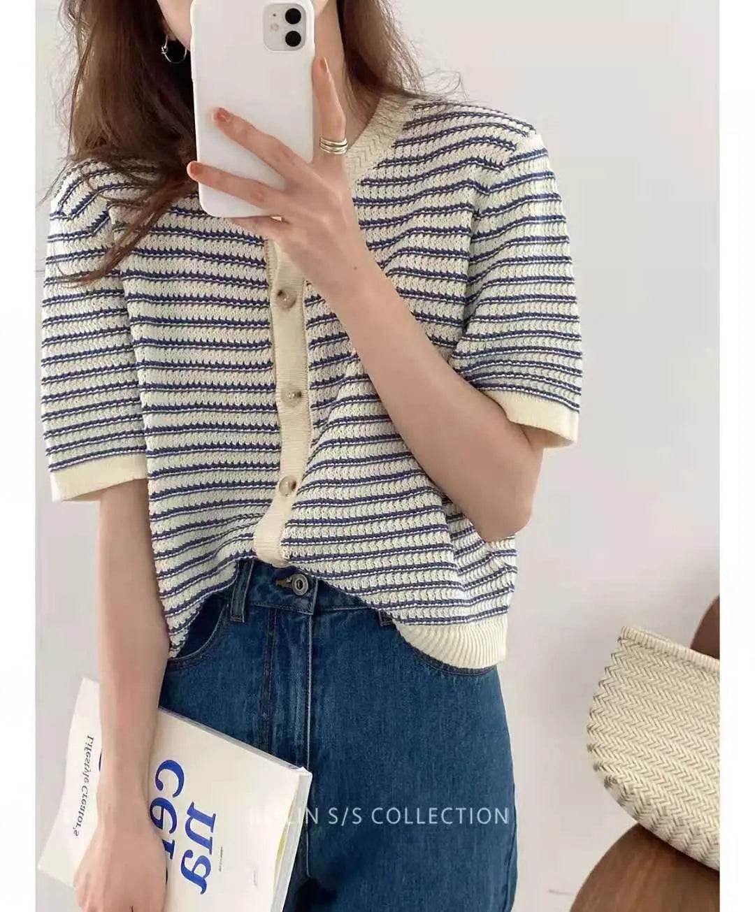 Cardigan Women Summer Breathable Elegant Striped Trendy New Single Breasted Short Sleeve Knitted Jumpers Female O-neck Tender BF - AIAZ