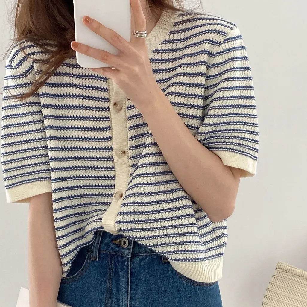Cardigan Women Summer Breathable Elegant Striped Trendy New Single Breasted Short Sleeve Knitted Jumpers Female O-neck Tender BF - AIAZ