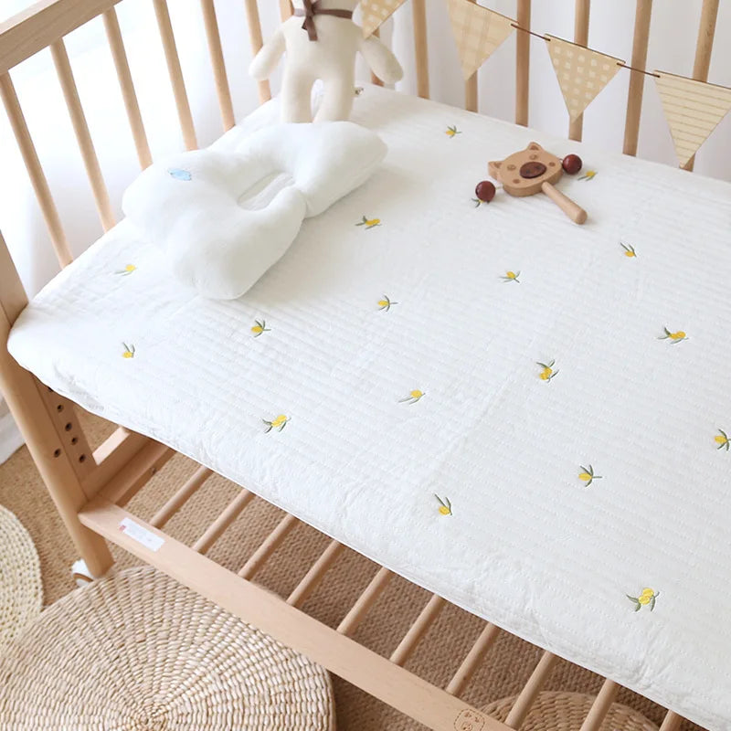 Korean Pure Cotton Quilted Baby Cot Crib Fitted Sheet Bear Cherry Loquat Embroidery Kids Infant Cradle Bed Sheets Mattress Cover