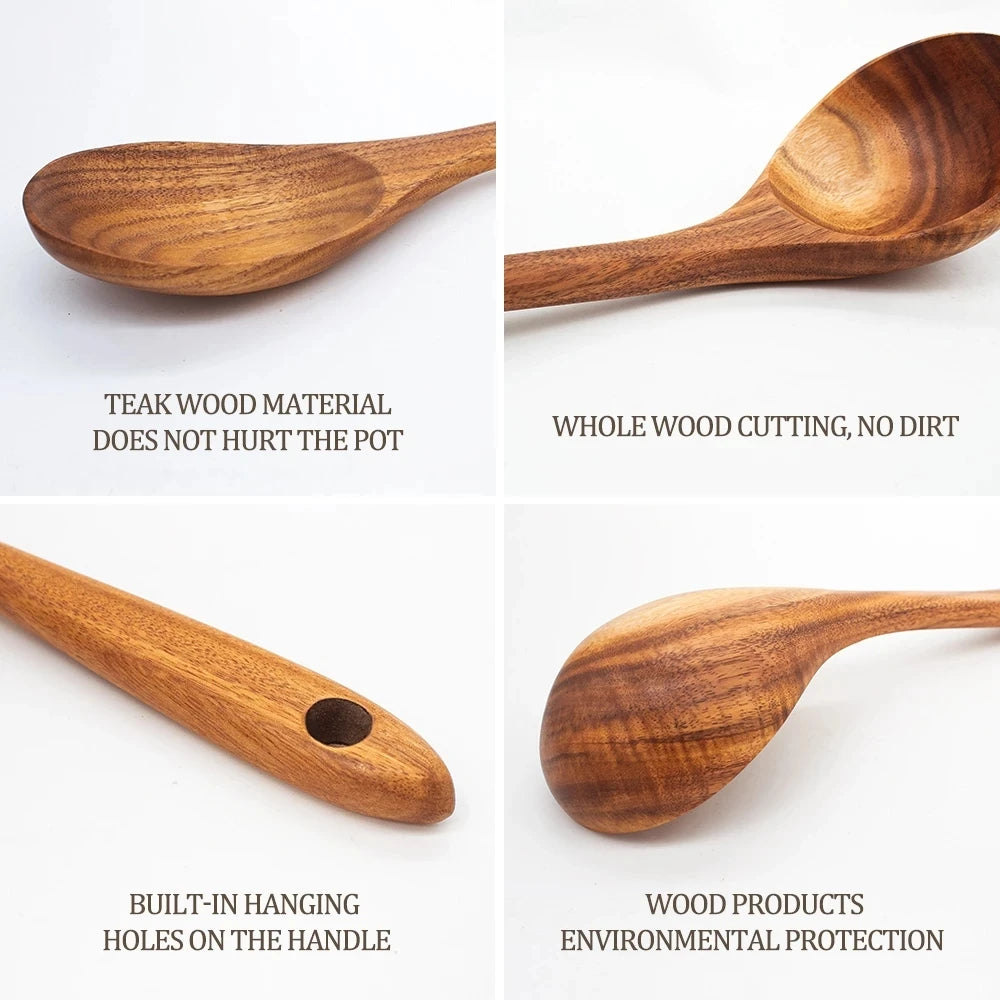 Thailand Teak Natural Wood Tableware Spoon Ladle Turner Long Rice Colander Soup Skimmer Cooking Spoons Scoop Kitchen Tool Set