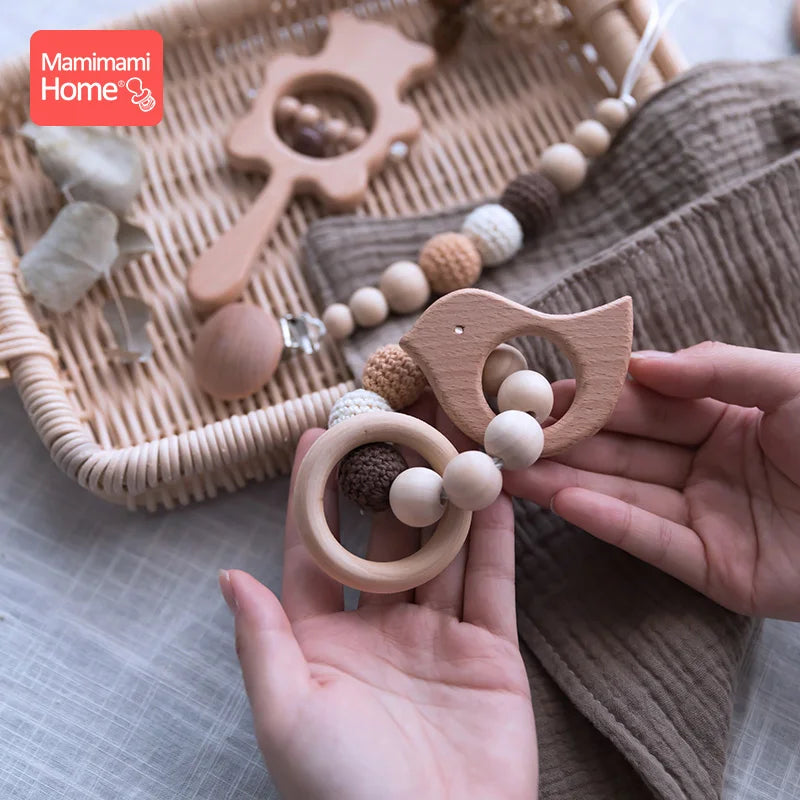 1 Set Baby Wooden Teether Crochet Beads Pacifier Chain Clip Wood Elephant Teething Bracelet Music Rattle Montessori Baby Product