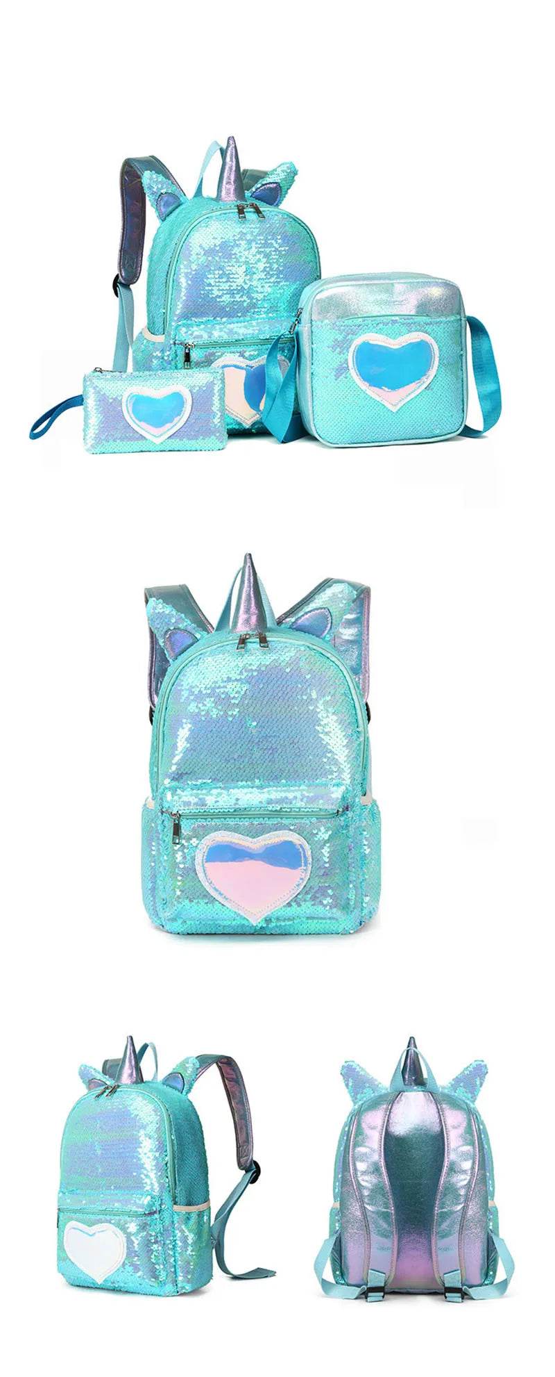 3pcs/set Sequins Unicorn Backpack Fashion Girl Glitter School Book Bag Girls Cute Hologram Laser PU Leather Travel Backpacks - AIAZ