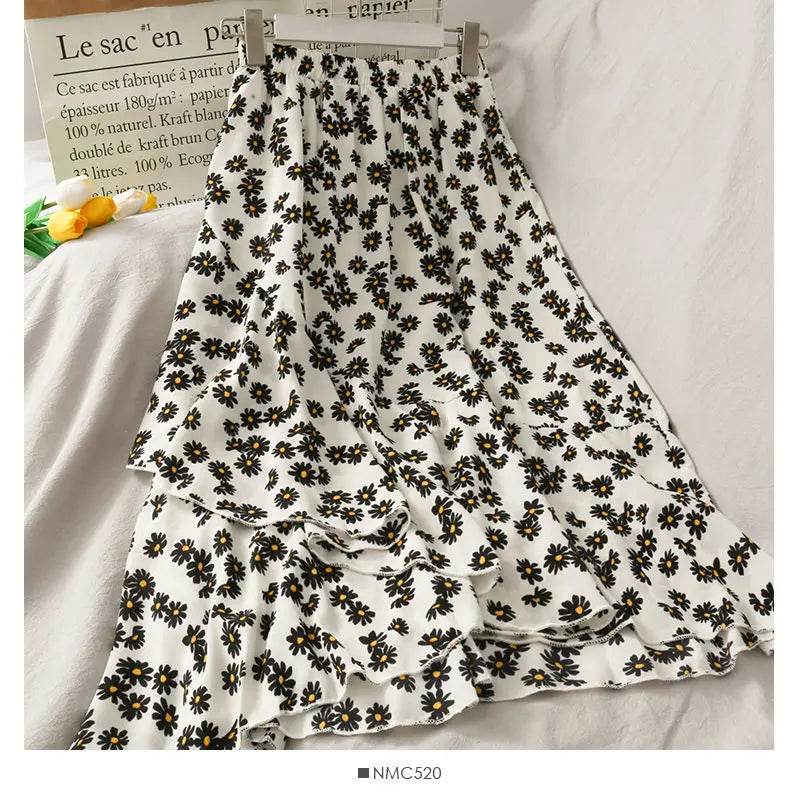 Skirts Women High Waist All-match Fashion Elegant Female Chiffon Flower Lovely Irregular Hem Ruffles Chic Streetwear Leisure - AIAZ