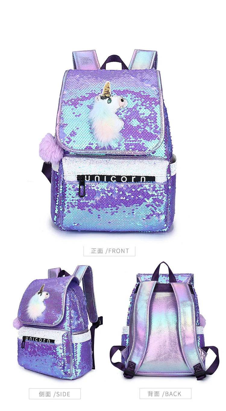 3pcs/set Sequins Unicorn Backpack Fashion Girl Glitter School Book Bag Girls Cute Hologram Laser PU Leather Travel Backpacks - AIAZ