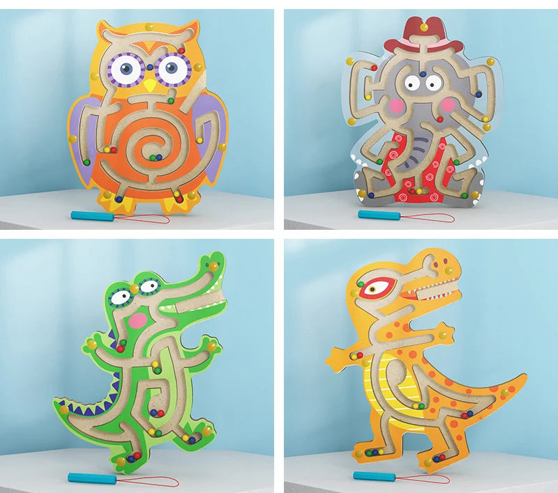 Kids Magnetic Maze Toy Mini Wooden Interactive Maze Pen Driving Beads Maze Puzzle Board Game Eduactional Toys for Toddlers Baby