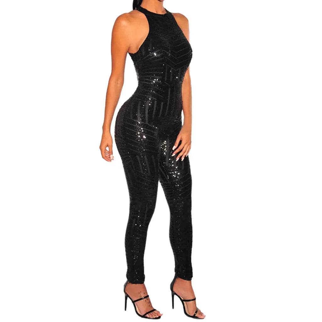 Sequin Off Shoulder Women Jumpsuit O-neck Sleeveless Casual Jumpsuits Rompers Sexy Clubwear Party Playsuits Combinaison Femme - AIAZ