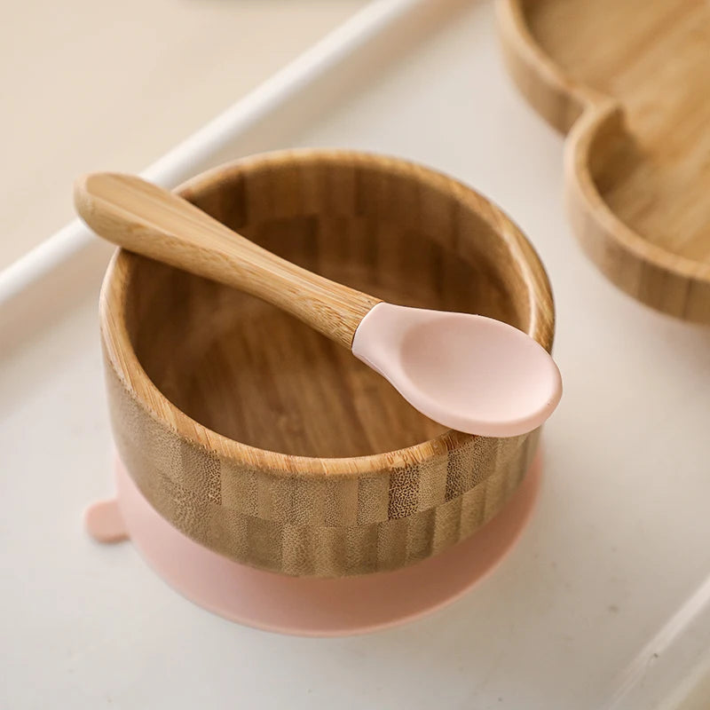 Baby Feeding Bowl Food Tableware Kids Wooden Training Plate Silicone Suction Cup Removable Wooden Fork Spoon Children's Dishes