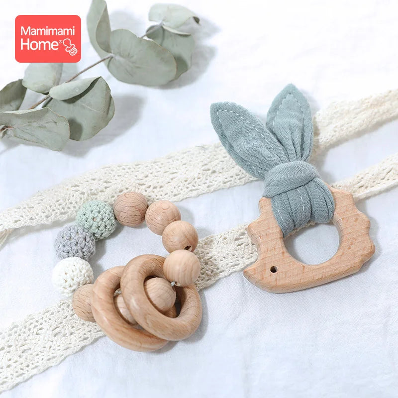 1 Set Baby Wooden Teether Crochet Beads Pacifier Chain Clip Wood Elephant Teething Bracelet Music Rattle Montessori Baby Product