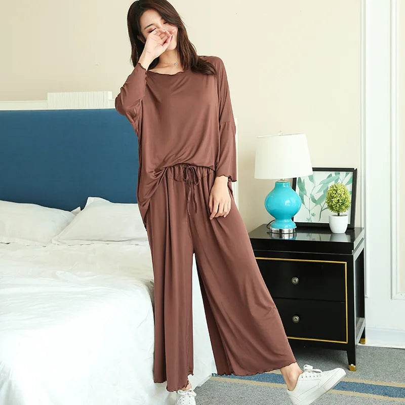 PLUS size home suits women autumn new loose long-sleeved pajamas two-piece set nine-point wide leg pants pijama sleepwear femme - AIAZ