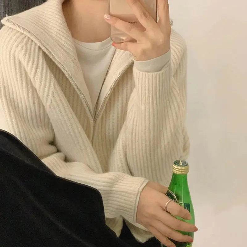 Sweater Cardigan Women Spring New Solid Vintage All-match Elegant Zipper Loose Daily Soft Sweet Simple Casual Knitwear Chic Teen - AIAZ