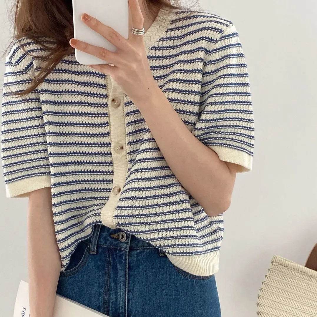 Cardigan Women Summer Breathable Elegant Striped Trendy New Single Breasted Short Sleeve Knitted Jumpers Female O-neck Tender BF - AIAZ