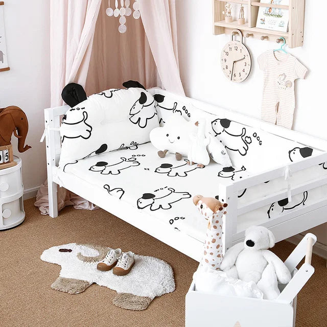 4Pcs Baby Bedding Set Cotton Cartoon Bear Head Crib Bed Protector Bumper Newborns Sheet Child Bed Baby Washable Cot Bedding Set