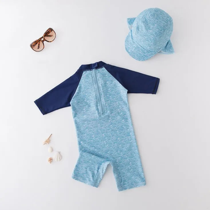 Baby Boy Swimsuit/Kids Conjoined Swimwear with Swimming Cap/Crab Pattern Beach Sunscreen Surfing Swimsuit 3207