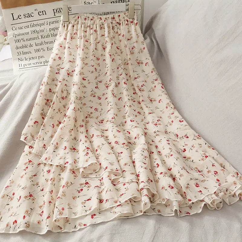 Skirts Women High Waist All-match Fashion Elegant Female Chiffon Flower Lovely Irregular Hem Ruffles Chic Streetwear Leisure - AIAZ