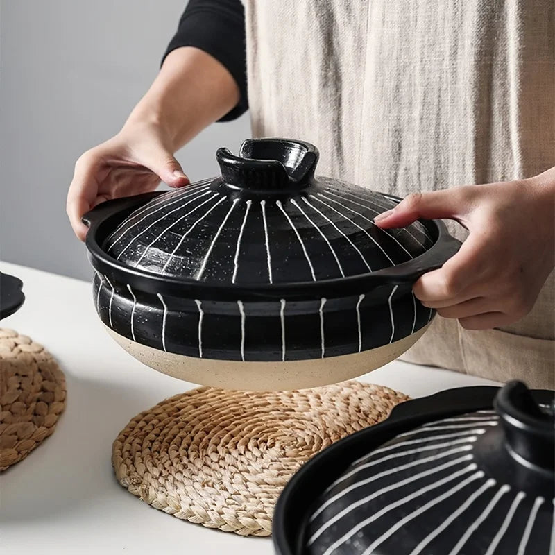 Ceramic Casserole Japanese Black Round 0.5-3L Multiple Size Cooking Pot Pan Household Kitchen Supplies Saucepan Cookware