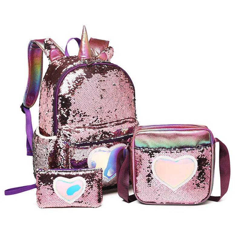 3pcs/set Sequins Unicorn Backpack Fashion Girl Glitter School Book Bag Girls Cute Hologram Laser PU Leather Travel Backpacks - AIAZ