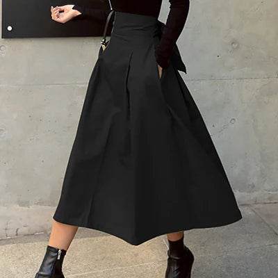 Shintimes Skirts Womens 2024 Korean Fashion Solid Color Big Swing Women Skirt Long Skirt Autumn Wild High Waist Bow Slim Skirts - AIAZ